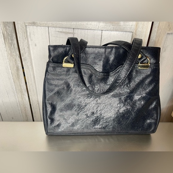 Vintage 1970s Navy Faux Leather Shoulder Hand Bag Fabric Print Interior - Picture 4 of 10